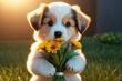 Cute touching puppy asks for forgiveness and gives flowers