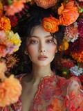 Fototapeta  - Asian woman is wearing a red dress and is surrounded by flowers in springtime. The flowers are orange and yellow, and they are arranged in a way that makes the woman look like she is in a garden