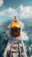 A Yellow Two-car Retro Train Splashes And Runs Along The Tracks That Plunge Into The Shallow Sea