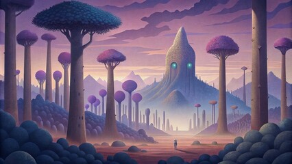 Wall Mural - A surreal landscape with trees standing tall like sentinels guarding the secrets of the enchanted forest.