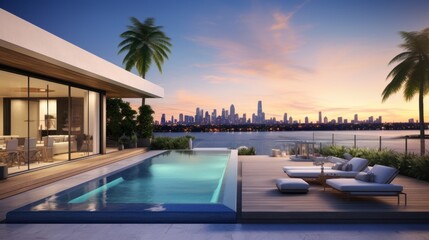 Modern villa with a private rooftop infinity pool overlooking the Miami skyline in Florida