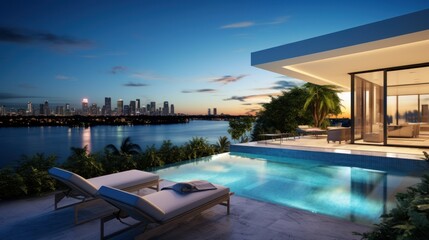 Modern villa with a private rooftop infinity pool overlooking the Miami skyline in Florida