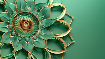 Sticker - green and gold mandala on green background with copy space, buddhism banner with place for text