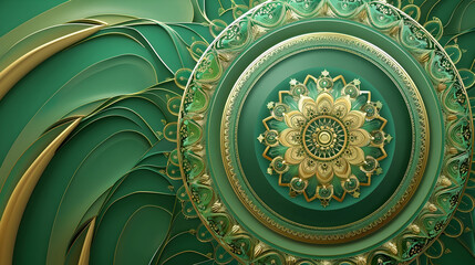 Sticker - green and gold mandala on green background with copy space, buddhism banner with place for text