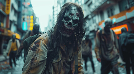 Selective focus of Zombies are walking on the city streets.