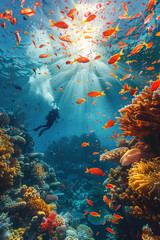 Wall Mural - Selective focus of underwater photography, divers exploring colorful coral reefs and marine life.