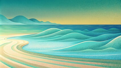 Poster - A peaceful scene depicting smooth aquamarine retro waves gently lapping against a sandy shore.