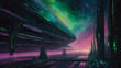 In the ethereal expanse of space, a luminescent zealous space habitat glows with fervor, radiating hues of iridescent greens and pinks against the dark void.