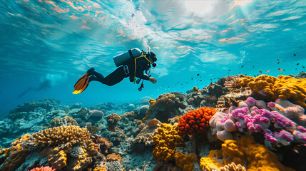 Wall Mural - Selective focus of underwater photography, divers exploring colorful coral reefs and marine life.