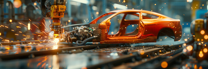 Wall Mural - Selective focus of 3D rendering of a robot arm welding a car frame in a car assembly plant.