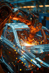 Wall Mural - Selective focus of 3D rendering of a robot arm welding a car frame in a car assembly plant.