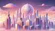 An otherworldly cityscape of geometric skyscrs set against a cotton candy sky and accompanied by a retrostyle computer font.