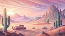 A Pastelhued Desert Landscape Dotted With Towering Cacti And A Vintage Car Parked In The Distance.