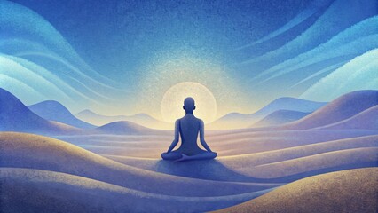 Wall Mural - A lone figure in a meditative pose surrounded by open sky and a vast empty landscape.