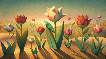 Sticker - A paper garden filled with folded tulips and daisies their shadows dancing in the warm sunlight.