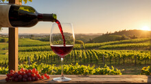 Red Wine Is Being Poured Into A Glass On A Wooden Table With A Cluster Of Grapes, Overlooking A Lush Vineyard Bathed In The Warm Light Of A Setting Sun