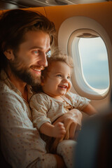 Selective focus of Caucasian man and woman holding small children Look at the window while flying in an airplane during a trip.