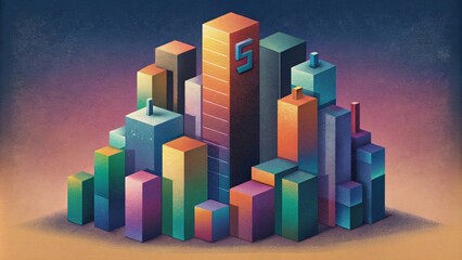 Poster - A composition of abstracted highrise buildings constructed from colorful rectangles and squares in a pixelated style.