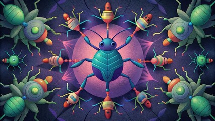 Poster - A kaleidoscope of colorful robotic insects swarming around a central core mimicking the behavior of a cybernetic cell in action.