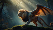 In the midst of a surreal dreamscape, a daunting luminous manticore prowls with majestic ferocity.