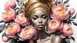 beautiful afro woman in a golden turban and delicate pink peonies	