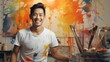 Smiling Asian man artist next to his artwork in an art studio. Concept of artistic talent, fine arts, creative process, interesting hobby, exciting leisure time, oil painting