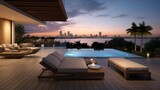 Fototapeta Miasto - Modern villa with a private rooftop infinity pool overlooking the Miami skyline in Florida