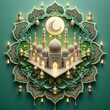 3D realistic beautiful mosques on a green mandala design background with Moon and lanterns for Eid al-Fitr