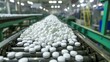 Close-up of a pharmaceutical conveyor belt densely packed with uniform white tablets, illustrating mass drug manufacturing for healthcare industries.