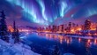 Northern Lights dance over a glowing cityscape, with a frozen river leading the eye to this rare urban display, perfect for illustrating articles on city life under natural wonders.
