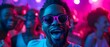 African American in sunglasses dances on crowded nightclub dancefloor to electronic music. Concept Nightclub Dancefloor, Electronic Music, African American, Sunglasses, Crowded