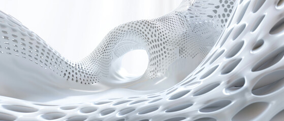 Wall Mural - white perforated futuristic structure, abstract digital waves of ai mind, data surface texture backg