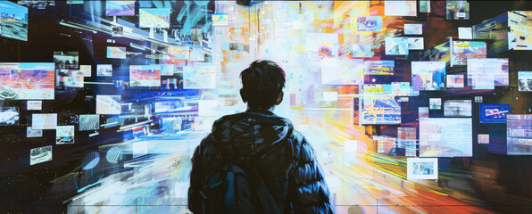 Young man silhouette on abstract digital background, adult boy against social media pattern. Concept of network, connect, global world, people, online, news