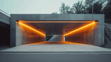 Fototapeta Londyn - Entrance to modern concrete garage, parking or warehouse with grey walls and led light, futuristic industrial building exterior. Concept of future, tunnel, construction.