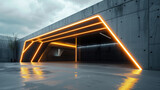 Fototapeta  - Entrance to modern concrete garage or warehouse with grey walls and led light, futuristic industrial building exterior. Concept of future, bunker, hangar, construction, asylum