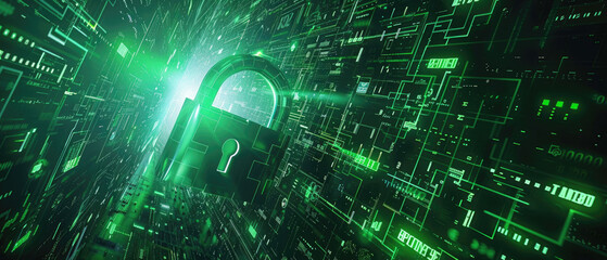 Wall Mural - secure digital green space with cyber padlock and light on abstract tech background, protection of c