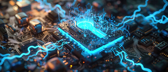 Wall Mural - secure digital space with cyber lock and blue lightning on circuit board background, protection of c