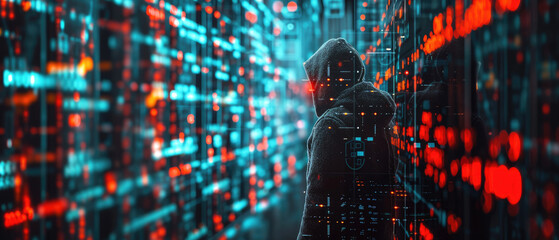 Wall Mural - hacker and information in dark digital data space, hooded man on abstract code background. concept o