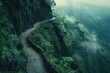 Dangerous cliffside path winding precariously along steep drops and through lush vegetation, risky paths to uncover the world's mysteries created with Generative AI Technology
