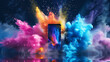 A phone is placed in front of a colorful explosion of smoke. Concept of excitement , the phone is the center of attention. promotional photo of an Smartphone standing in an 3D Particle Explosion