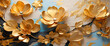 Stunning three-dimensional golden flowers on a textured blue and white background - a creative artwork