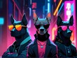 Illustration of three stylish dogs wearing sunglasses and black jackets posing with serious behavior on neon background. Generative AI