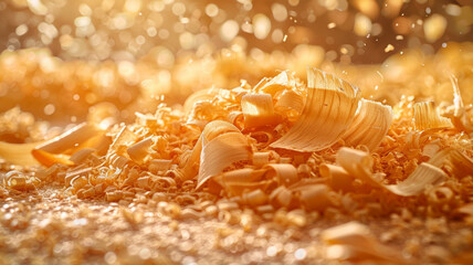 Shavings from woodwork with golden hue