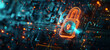 A digital illustration of an orange glowing padlock icon floating over futuristic circuitry, representing data security and cyber protection in the style of neon light glow