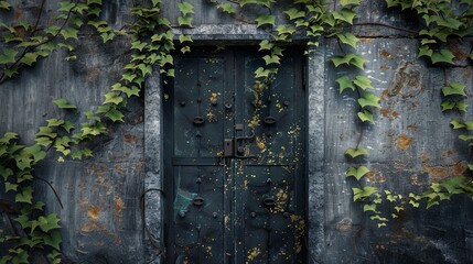 Canvas Print - Old antique door on an old concrete wall, green plants.