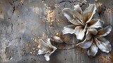 Fototapeta Na ścianę - White lilies on an old concrete wall with gold elements.