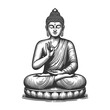 © Oleksandr Pokusai - serene Buddha statue sitting in a meditative pose with a peaceful expression sketch engraving generative ai fictional character vector illustration. Scratch board imitation. Black and white image.