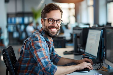 A male programmer sitting at a table programming with a computers