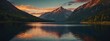 Serene mountain lake during sunset, with the sun setting behind the jagged peaks, casting a warm orange glow over the landscape. Generative AI
