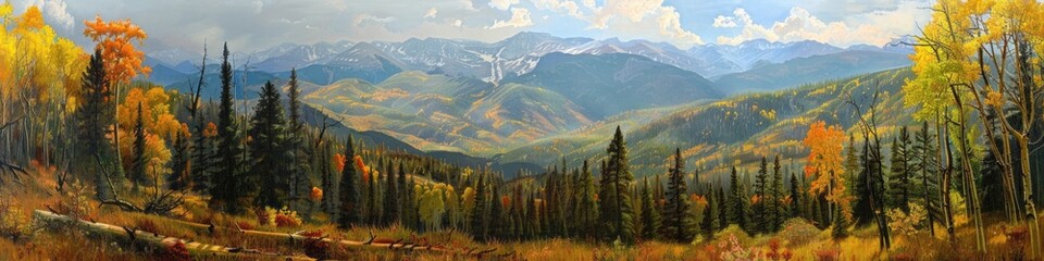 Wall Mural - Panoramic View of Rocky Mountains in Fall: A Majestic Landscape with Rocky Mountains, Forest Trees, and Wilderness Woodlands